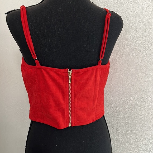 BeBe Josephine Quilted Chain Lace Up Corset Top Goji Berry Faux Suede Size L NWT - Picture 9 of 12